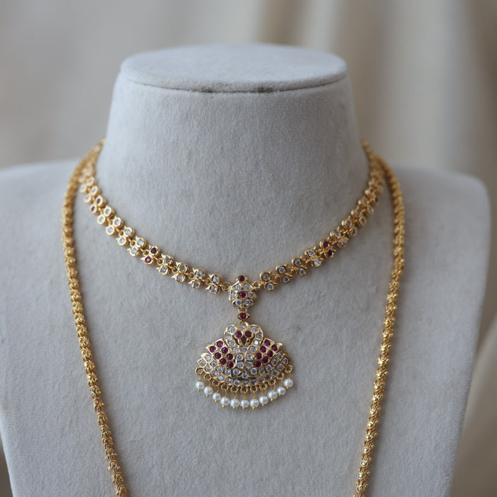 Heritage gold plated ruby white stone padakam long and short necklace with earrings HPS134
