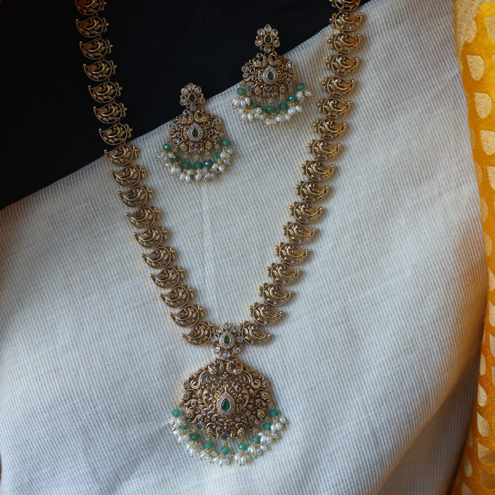 Antique green bead short necklace with earrings AG06887
