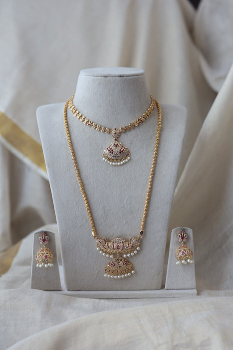 Heritage gold plated ruby white stone padakam long and short necklace with earrings HPS134