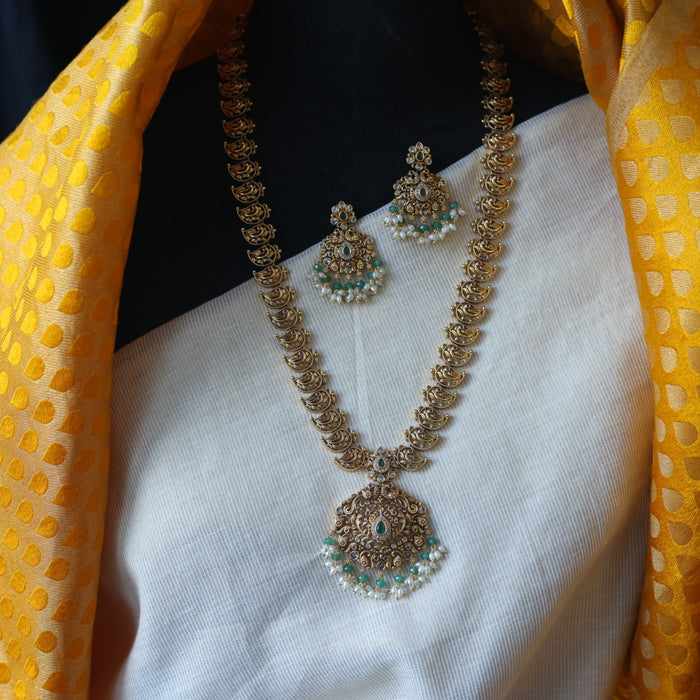 Antique green bead short necklace with earrings AG06887