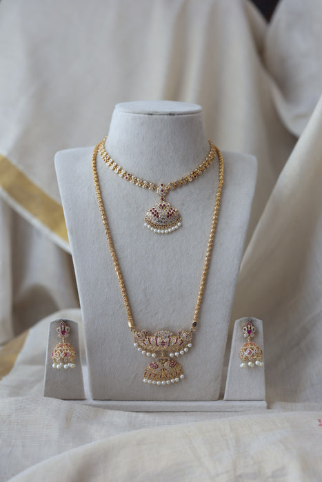 Heritage gold plated ruby white stone padakam long and short necklace with earrings HPS134