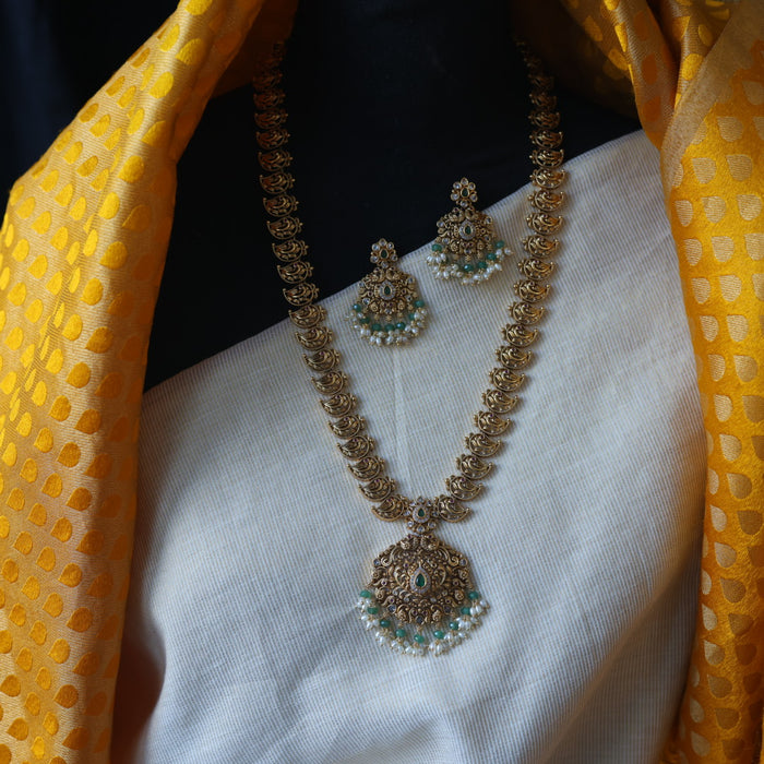 Antique green bead short necklace with earrings AG06887