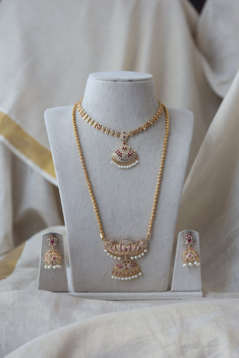 Heritage gold plated ruby white stone padakam long and short necklace with earrings HPS134