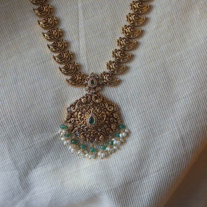 Antique green bead short necklace with earrings AG06887