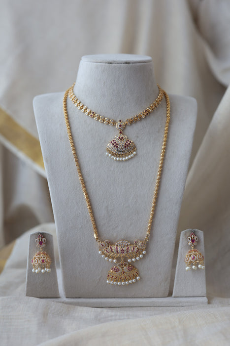Heritage gold plated ruby white stone padakam long and short necklace with earrings HPS134