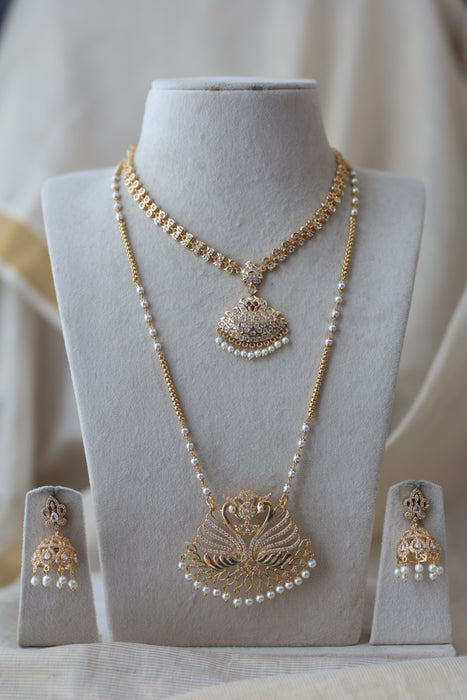 Heritage gold plated ruby white stone padakam long and short necklace with earrings HPS134