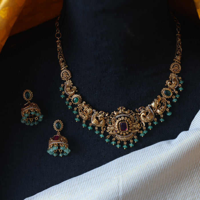 Antique green bead short necklace with earrings AG0015
