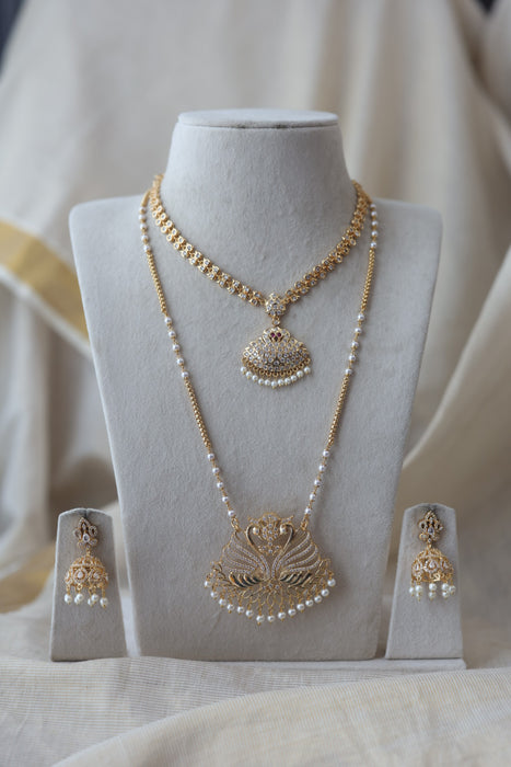 Heritage gold plated ruby white stone padakam long and short necklace with earrings HPS134