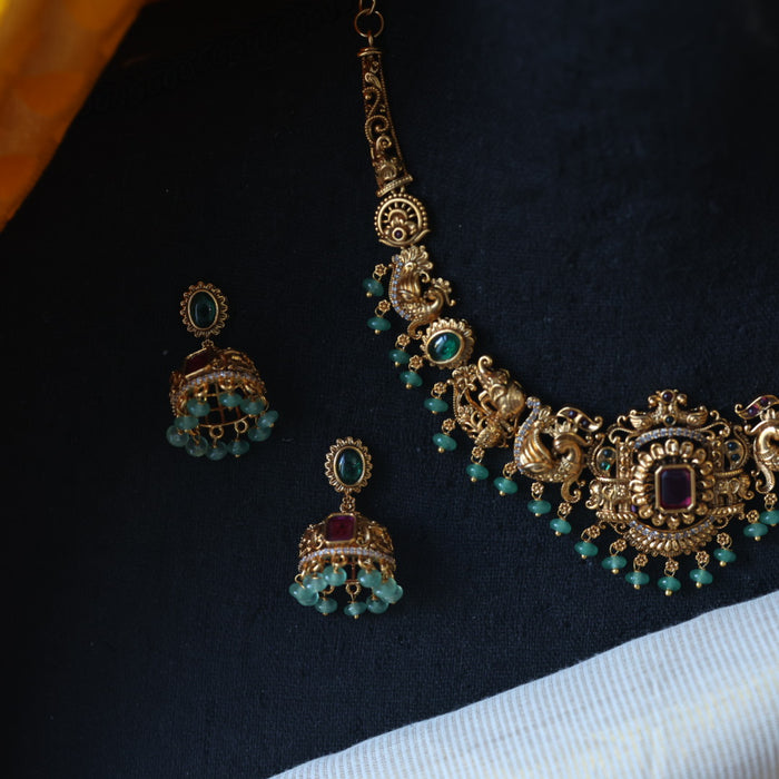 Antique green bead short necklace with earrings AG0015