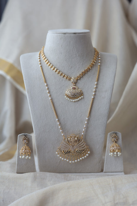 Heritage gold plated ruby white stone padakam long and short necklace with earrings HPS134