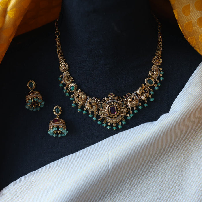 Antique green bead short necklace with earrings AG0015
