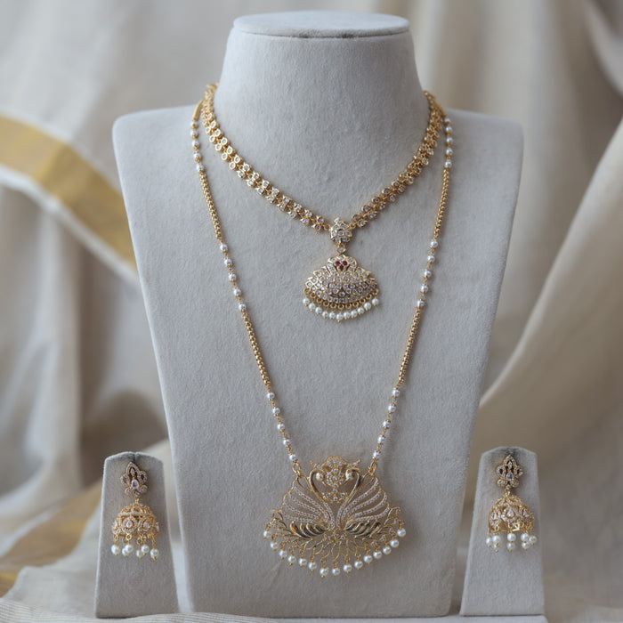 Heritage gold plated ruby white stone padakam long and short necklace with earrings HPS134