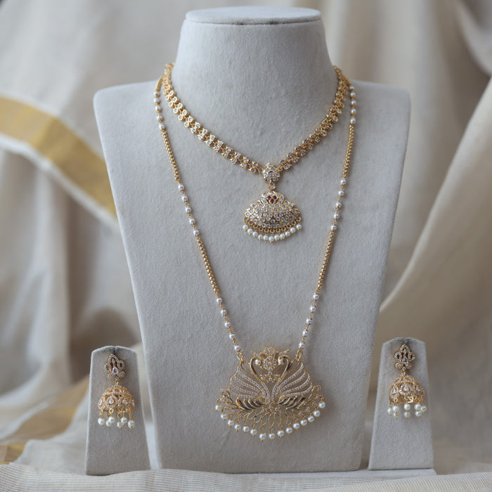 Heritage gold plated ruby white stone padakam long and short necklace with earrings HPS134