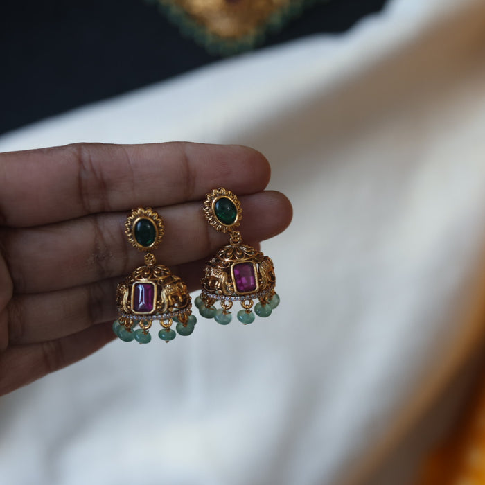 Antique green bead short necklace with earrings AG0015