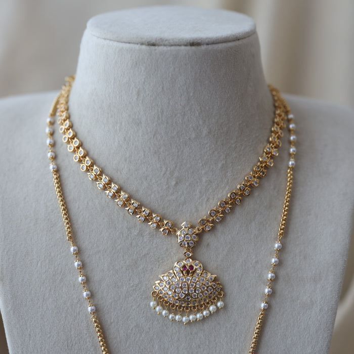 Heritage gold plated ruby white stone padakam long and short necklace with earrings HPS134