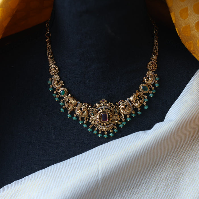 Antique green bead short necklace with earrings AG0015