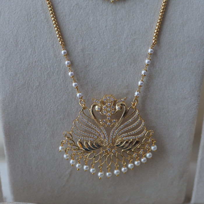 Heritage gold plated ruby white stone padakam long and short necklace with earrings HPS134