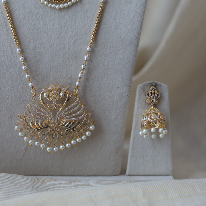 Heritage gold plated ruby white stone padakam long and short necklace with earrings HPS134