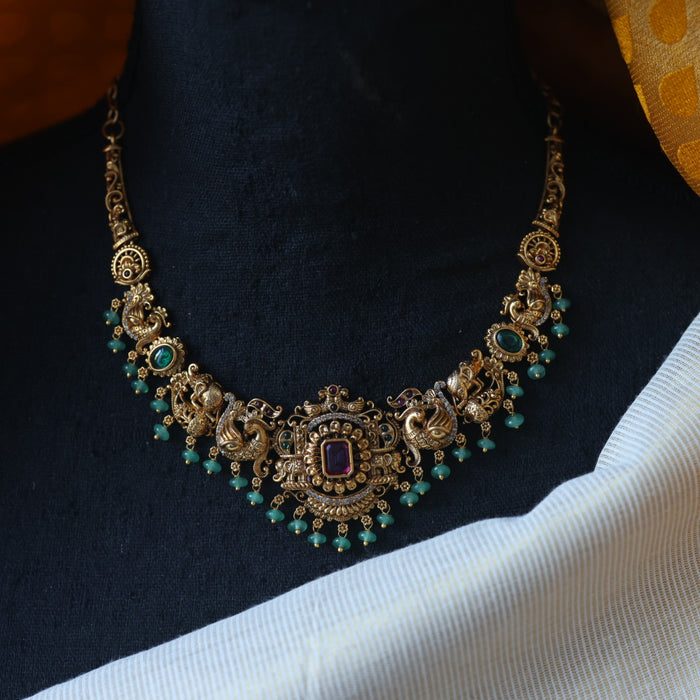 Antique green bead short necklace with earrings AG0015