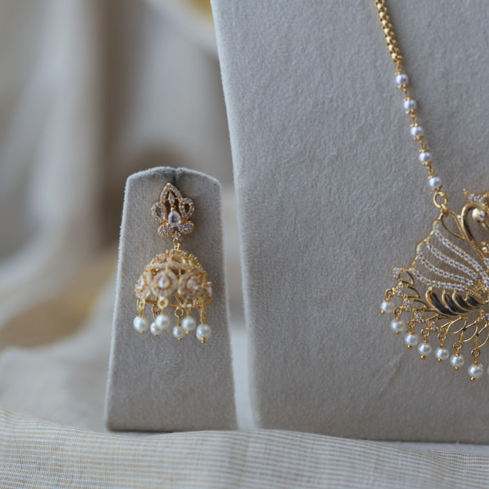 Heritage gold plated ruby white stone padakam long and short necklace with earrings HPS134