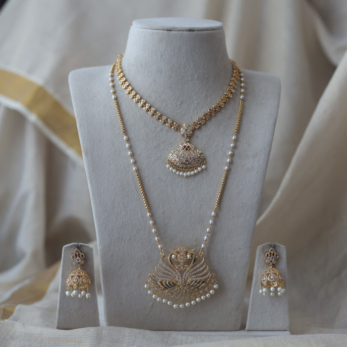 Heritage gold plated ruby white stone padakam long and short necklace with earrings HPS134