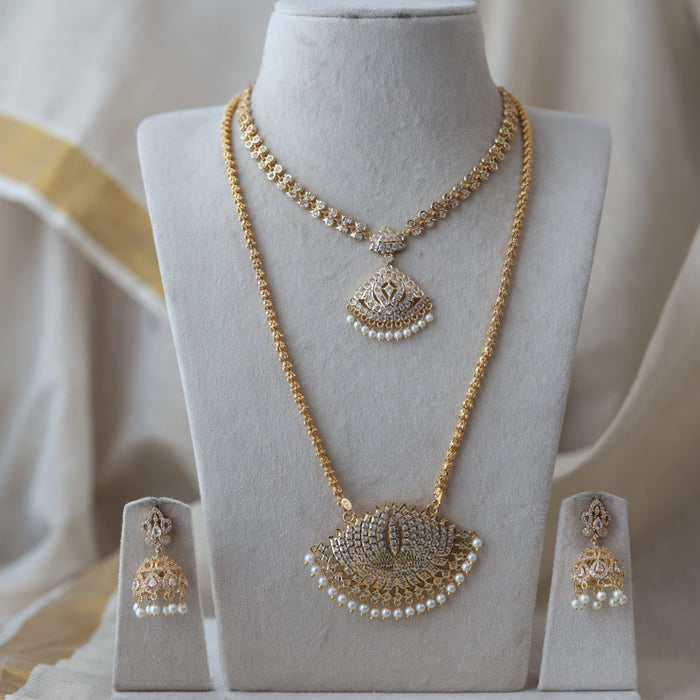 Heritage gold plated ruby white stone padakam long and short necklace with earrings HPS133