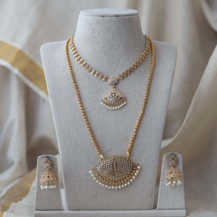 Heritage gold plated ruby white stone padakam long and short necklace with earrings HPS133