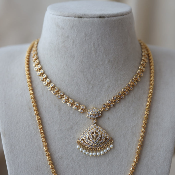 Heritage gold plated ruby white stone padakam long and short necklace with earrings HPS133