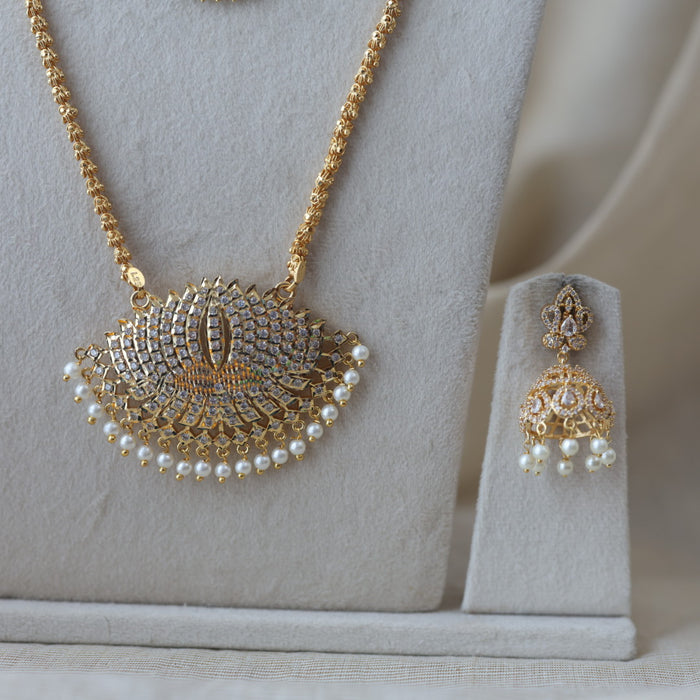 Heritage gold plated ruby white stone padakam long and short necklace with earrings HPS133