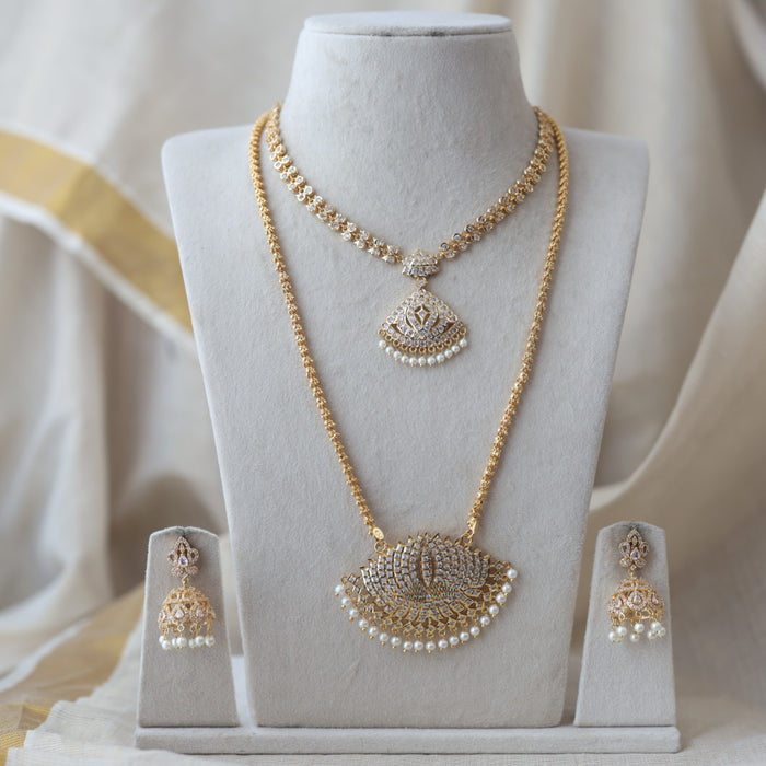 Heritage gold plated ruby white stone padakam long and short necklace with earrings HPS133