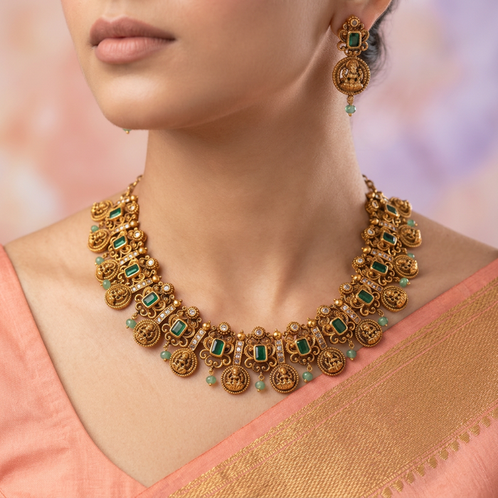 Antique green bead short necklace with earrings AG0012