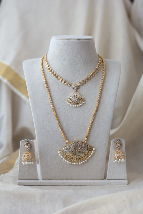 Heritage gold plated ruby white stone padakam long and short necklace with earrings HPS133