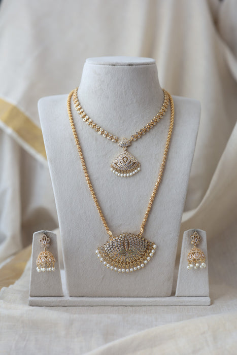 Heritage gold plated ruby white stone padakam long and short necklace with earrings HPS133