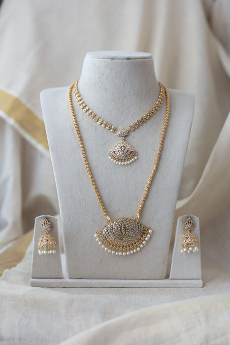 Heritage gold plated ruby white stone padakam long and short necklace with earrings HPS133