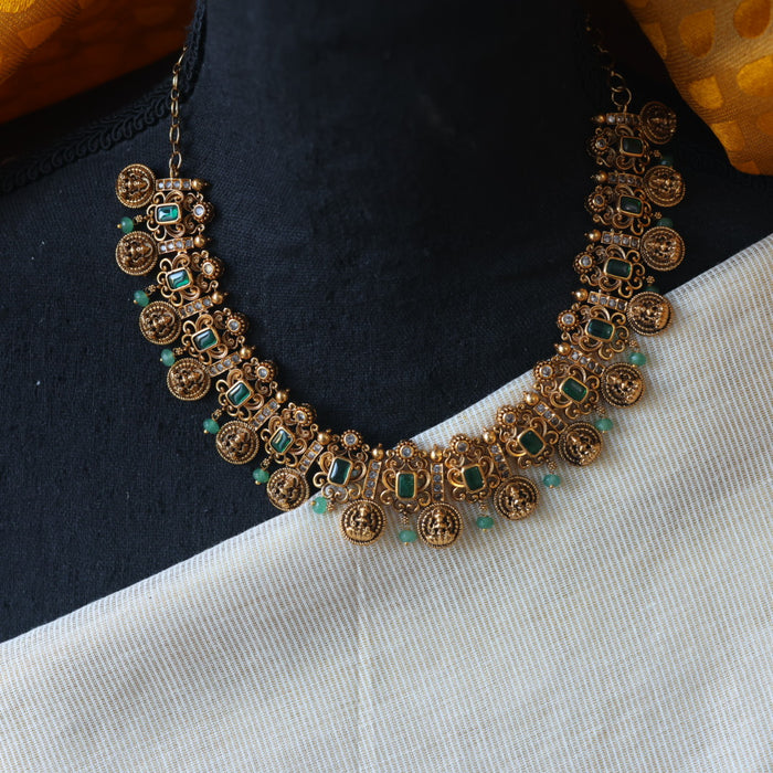 Antique green bead short necklace with earrings AG0012