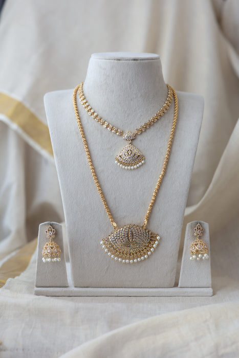 Heritage gold plated ruby white stone padakam long and short necklace with earrings HPS133