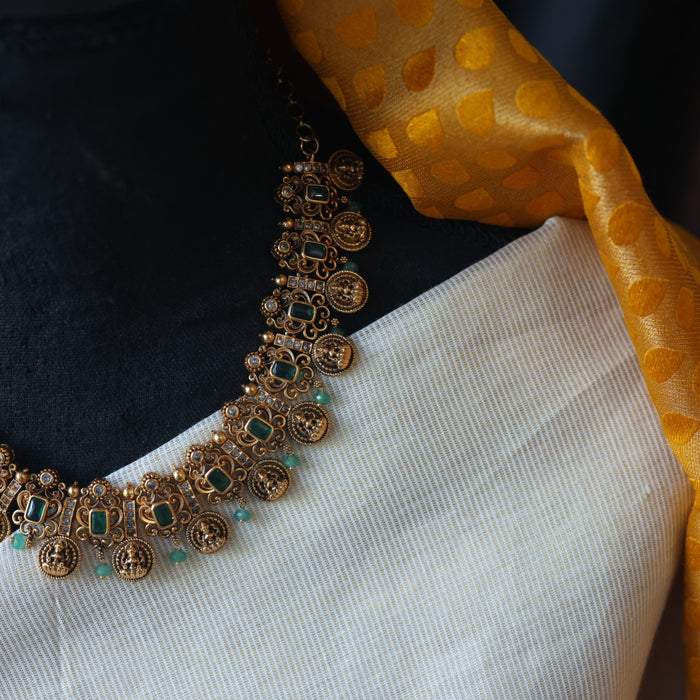 Antique green bead short necklace with earrings AG0012