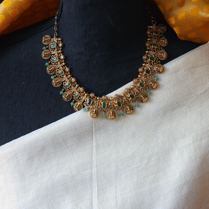 Antique green bead short necklace with earrings AG0012