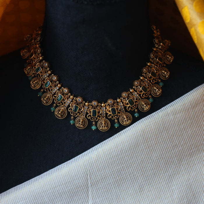 Antique green bead short necklace with earrings AG0012