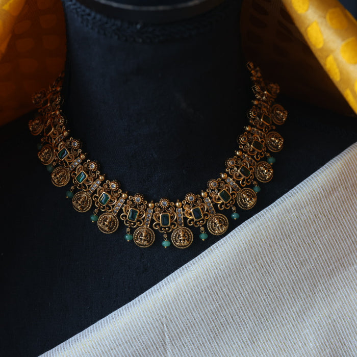Antique green bead short necklace with earrings AG0012