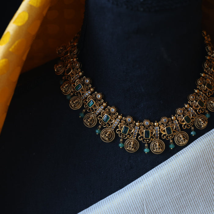 Antique green bead short necklace with earrings AG0012
