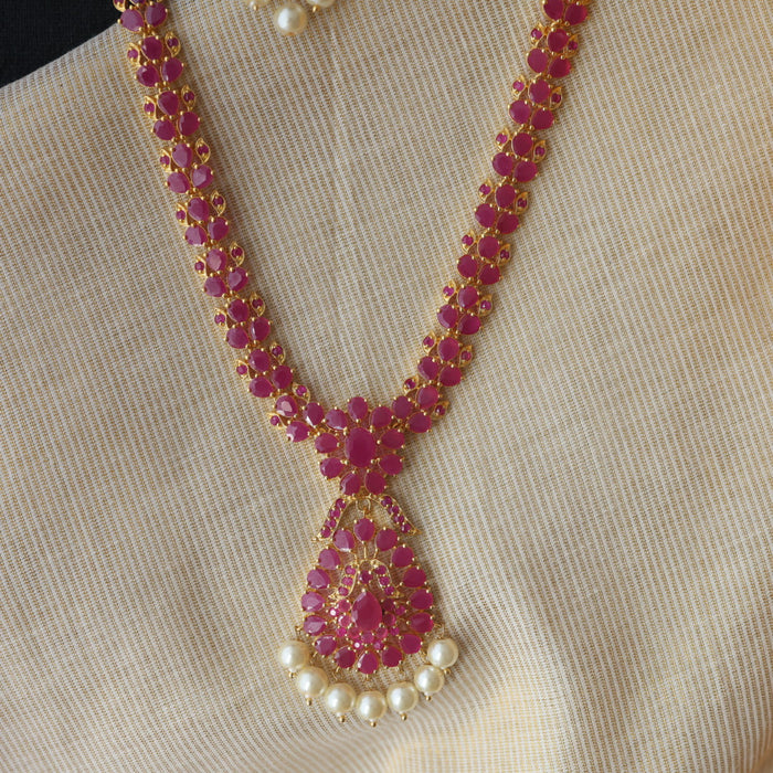 Heritage gold plated ruby stone long necklace with earrings RUB211
