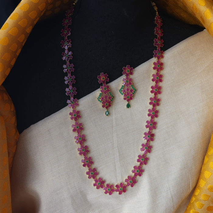 Heritage gold plated ruby stone long necklace with earrings RUB201