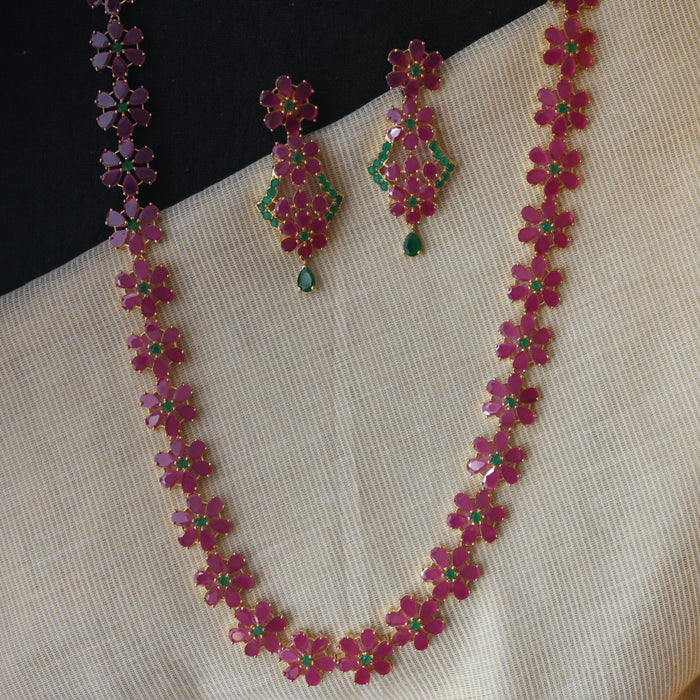 Heritage gold plated ruby stone long necklace with earrings RUB201