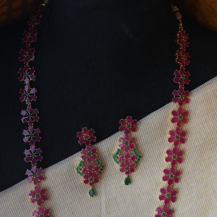 Heritage gold plated ruby stone long necklace with earrings RUB201