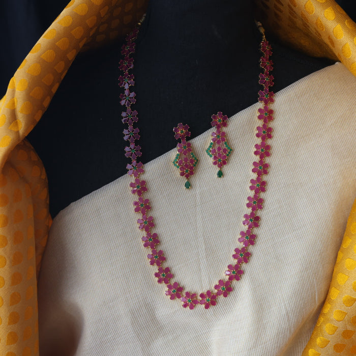 Heritage gold plated ruby stone long necklace with earrings RUB201