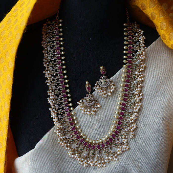 Antique ruby stone and pearl long necklace/ waistchain and earrings LL03189