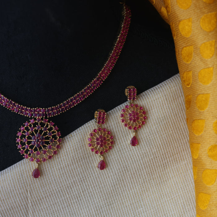 Heritage gold plated ruby stone short necklace with earrings RUB204