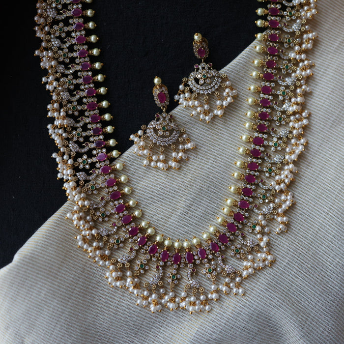 Antique ruby stone and pearl long necklace/ waistchain and earrings LL03189