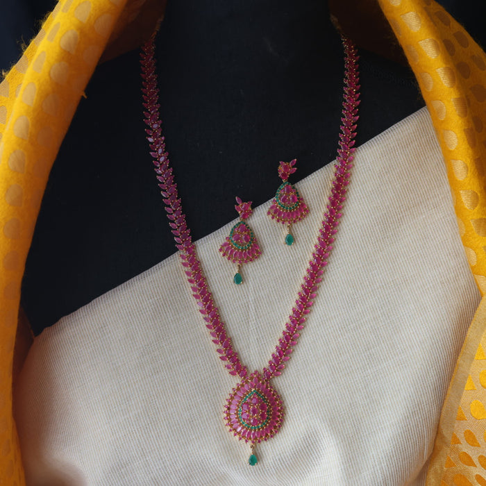 Heritage gold plated ruby stone long necklace with earrings RUB209
